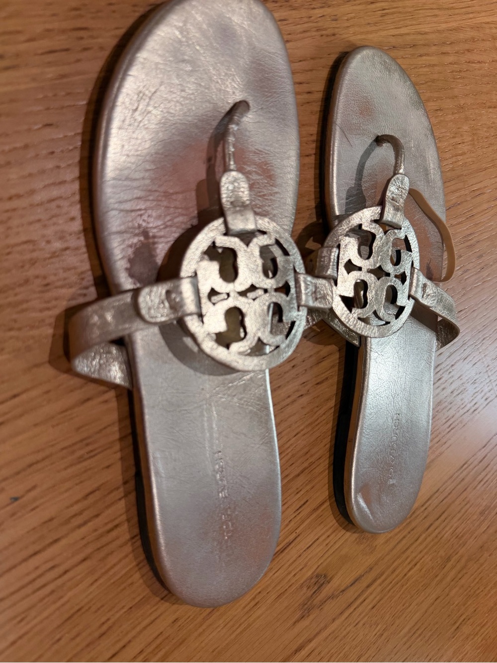 Tory Burch Metallic Silver Logo Thong Sandals